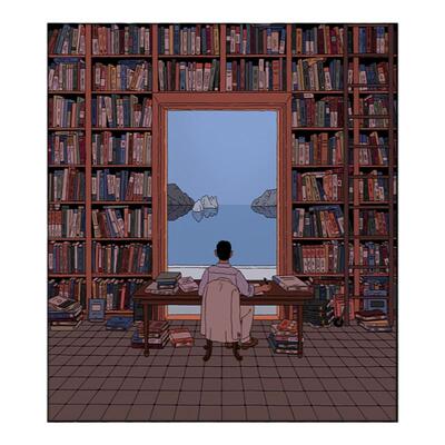 海边的图书馆 意大利Ilya Milstein插画海报装饰画 书房艺术挂画