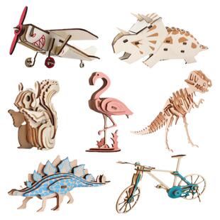 3d木质立体拼图diy手工积木制模型木头拼装恐龙动物儿童益智玩具