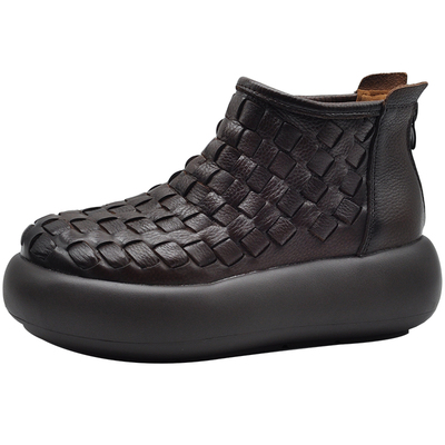 头层牛皮手工真皮编织短靴