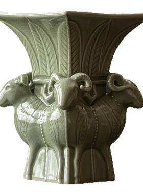 汝山明汝瓷开片四羊方尊仿古摆件