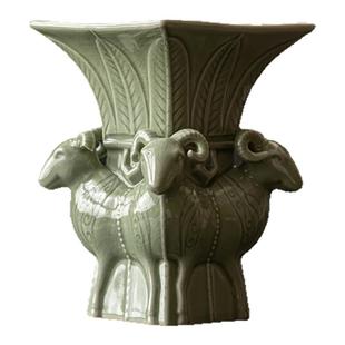 汝山明 汝瓷摆件花瓶四羊方尊 大师手作创意客厅仿古摆件汝窑开片