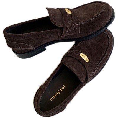 彭姐英伦风复古绒面小金币乐福鞋