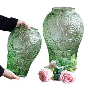 法式浮雕玻璃花瓶绛紫色客厅插花高级感摆件透明琉璃花器 宫廷