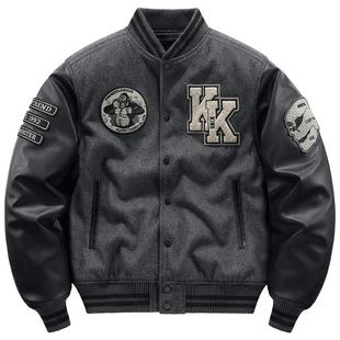 VIP美式字母刺绣棒球服男秋冬季加厚重磅羊毛呢外套潮牌复古棉衣