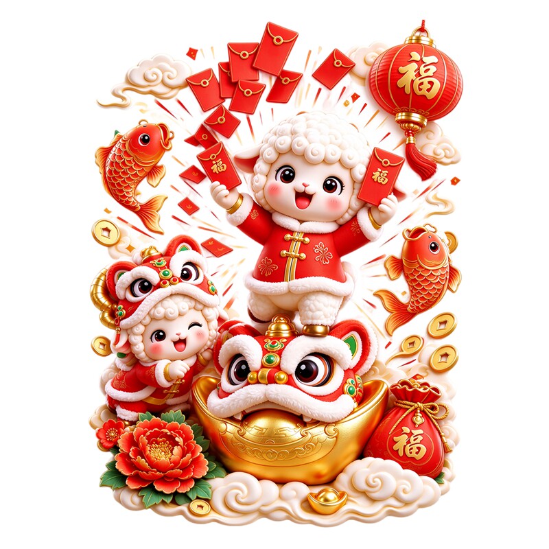 萌趣小羊玻璃贴抱红包锦鲤年画贴纸新年灯笼元宝牡丹喜庆装饰贴纸