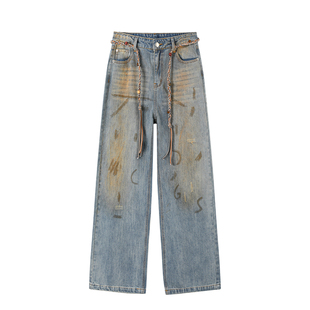Goosfir 原创设计新款复古水洗直筒泼墨牛仔裤宽松微喇拖地长裤女