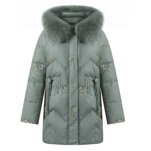 恒源祥集团Fazeya妈妈羽绒服女中长款奶奶白鸭绒大毛领中老年外套