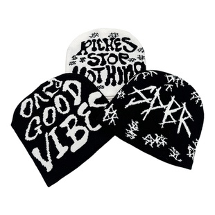 秋冬新款暗黑风骨骼字母提花针织帽子男女保暖拼色嘻哈冷帽套头帽