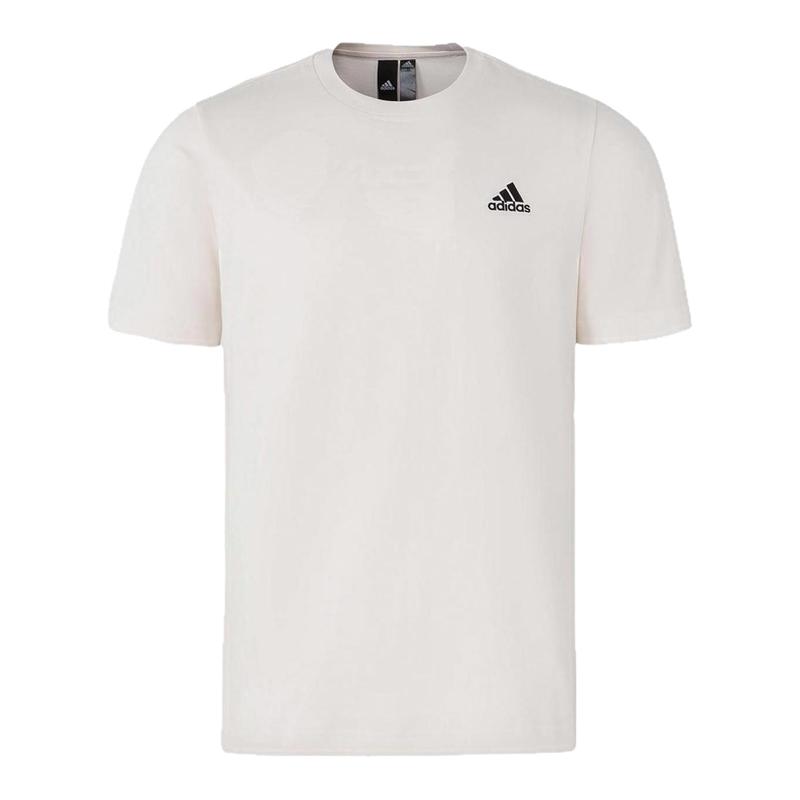 adidas 纯色Logo短袖T恤男女同款米白色纯棉圆领情侣运动休闲上衣