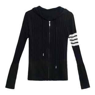 早秋休闲灰色连帽卫衣女春秋薄款长袖拉链短款针织开 衫学院小外