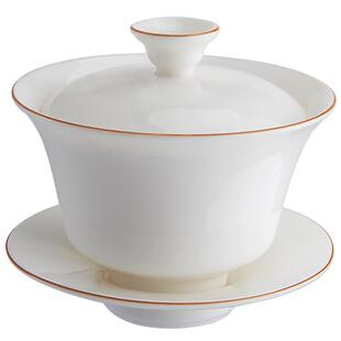 汉唐白瓷三才盖碗手工釉下描金功夫茶具三炮台茶碗大号泡茶碗