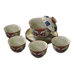 国潮醒狮悬停汝窑三才盖碗陶瓷中国风时来运转黄汝茶杯悬停泡茶器