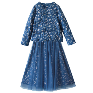 现货【南宫】文艺短款羽绒服女冬季中式偏门襟网纱灯芯绒印花半裙