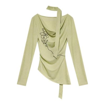 贰羊设计【蔓枝】新中式荡领飘带长袖T恤女修身不规则针织衫上衣