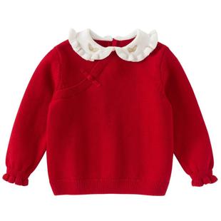 戴维贝拉儿童毛衣套头衫2026秋冬女童中国风羊毛针织新年红色上衣