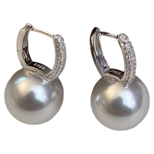 通体纯银满钻冷光澳白珍珠耳扣s925耳饰耳环耳钉伴彩轻奢冷光海水