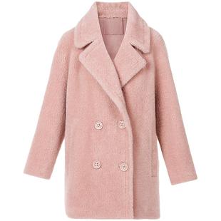 LANCY/朗姿2024冬新款高级感羊剪绒外套女颗粒纯羊毛大衣毛呢外套