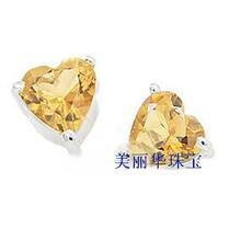 Серьги 爱的同心形 925纯银镀白金天然黄水晶耳钉 星光灿烂旺财运水晶女