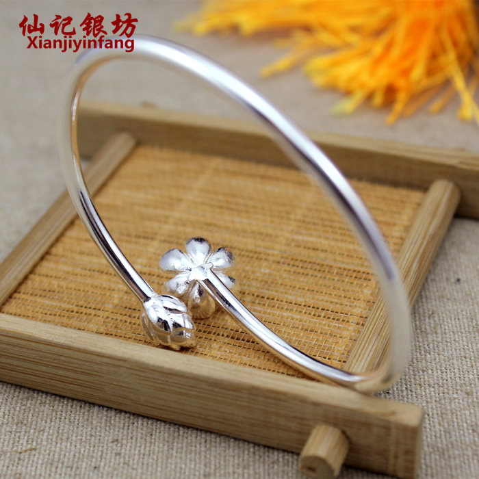 桃花花花朵银手镯990纯银送女友细 韩版简约银镯子银饰品圆开口