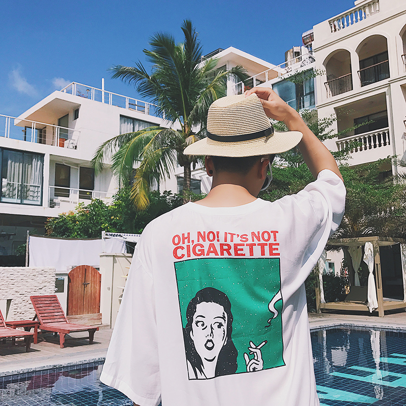 港風夏季新款歐美個性時尚抽象人像印花潮流情侶半袖五分袖短袖男