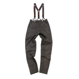 羊毛呢长裤男秋冬厚款粗花呢西裤复古人字纹背带裤小直筒休闲裤潮