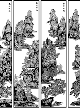 山水黑白打印底稿高清剪纸图样