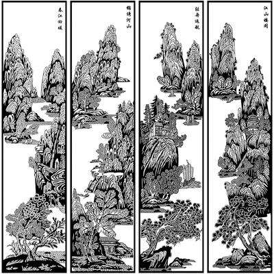 山水黑白打印底稿高清剪纸图样
