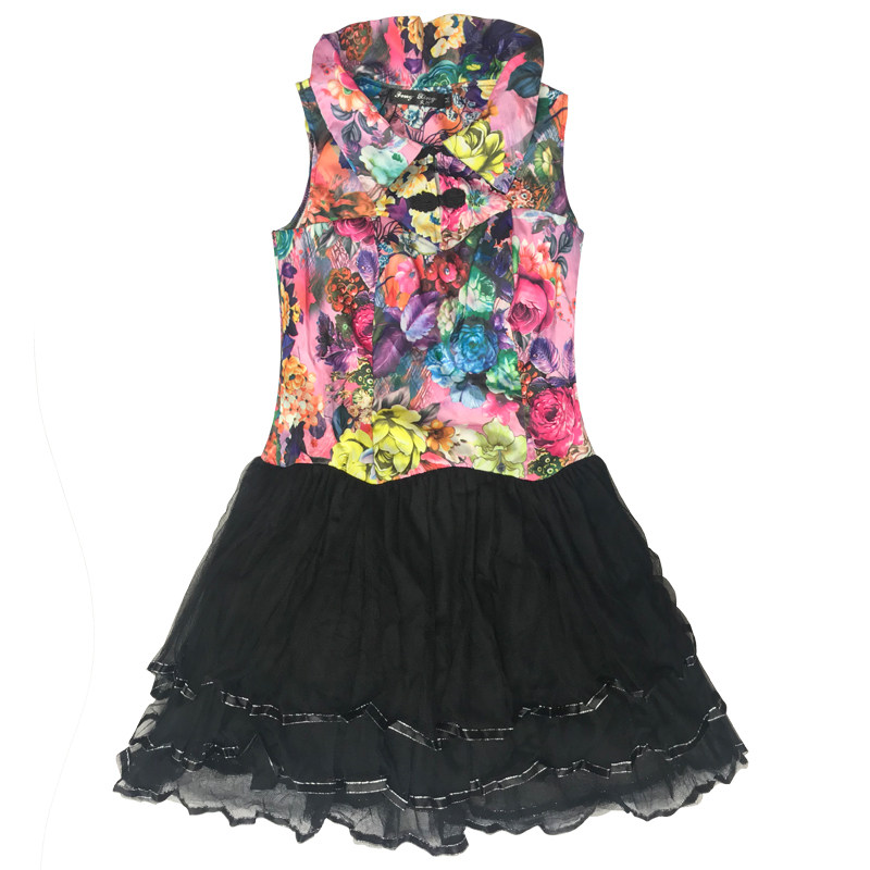 蕾丝连衣裙子女修身显瘦蓬蓬裙翻领无袖甜美背心裙2024新款花色夏