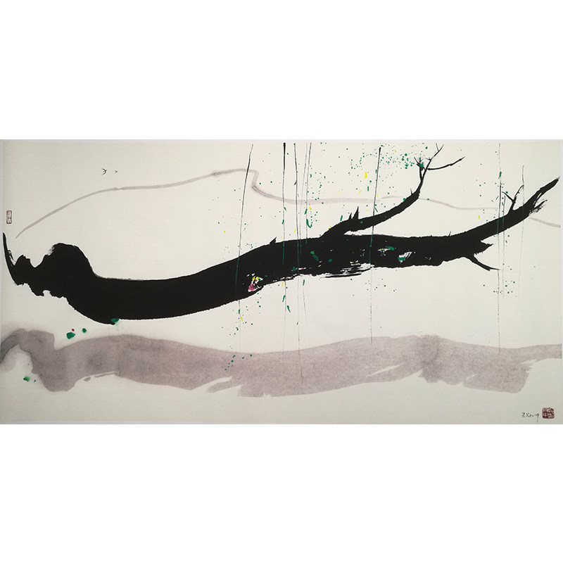 1:1吴冠中初春真迹国画艺术微喷名画复制品临摹客厅装饰69*137cm