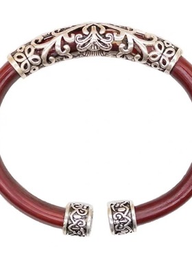 西藏野生鸡血藤手镯藏银配饰饰品