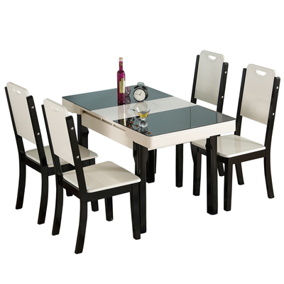 地中海风黑白实木伸缩6人桌椅