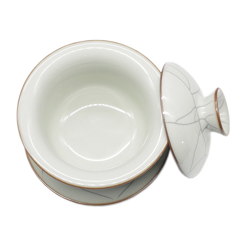 龙泉青瓷怡茗苑王文手工高档大号哥窑铁胎月白三才盖碗泡茶品茗杯