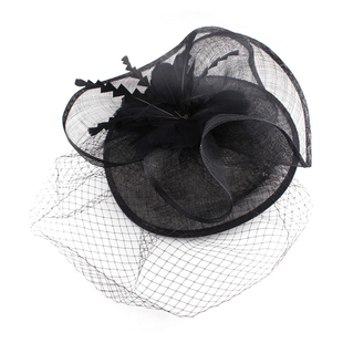 旗左 夸张黑色复古麻纱礼帽派对羽毛头饰新娘网纱亚麻遮面帽子 女