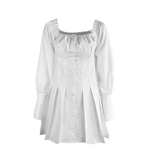 高端定制网红爆款秋季性感露肩一字领高腰单排扣长袖白色连衣裙女