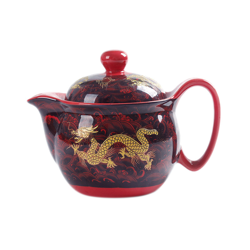 青花红色结婚紫砂冰裂大茶壶