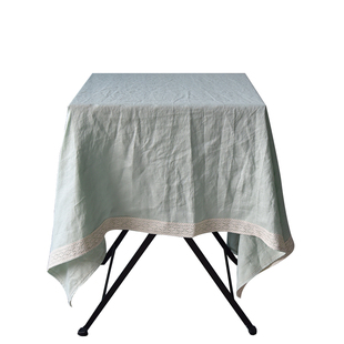 本原百分百纯亚麻绿色桌布带花边日式小清新民宿抑菌亲肤蕾丝边布