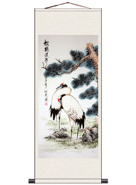 展翅红日招财好运松鹤延年丝绸画