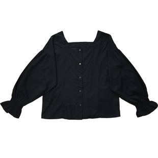 秋新款日单lf日系温柔方领休闲荷叶袖长袖女式衬衫上衣柔软棉质