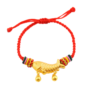 999足金鲤鱼编绳手链女黄金年年有余项链3D硬金福气铃铛吊坠纯金