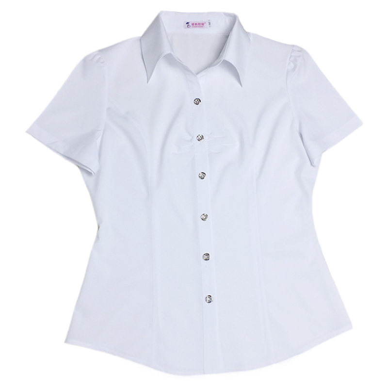 白衬衣短袖女修身常规花纽扣纯色涤纶夏季泡泡袖衬衫职业服装雪纺