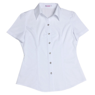 白衬衣短袖女修身常规花纽扣纯色涤纶夏季泡泡袖衬衫职业服装雪纺
