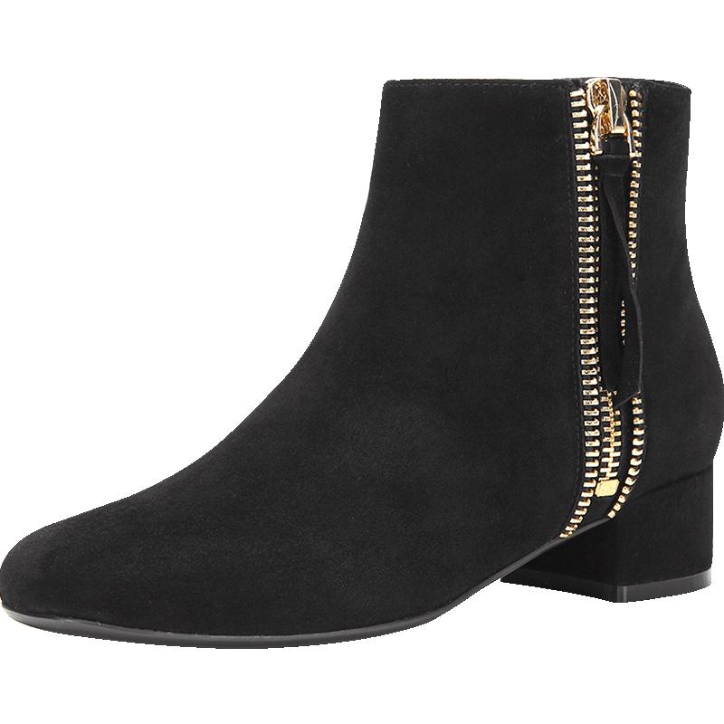 Aee/爱意冬季新款OL通勤真皮时尚粗跟双拉链方头中跟短靴女