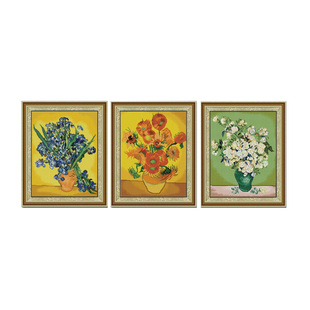 ks十字绣新款现代客厅卧室三联梵高白玫瑰向日葵蓝色鸢尾满绣手工