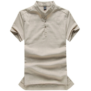 夏季男士短袖衬衫半袖衬衣男亚麻t恤男立领棉麻复古大码宽松t恤男