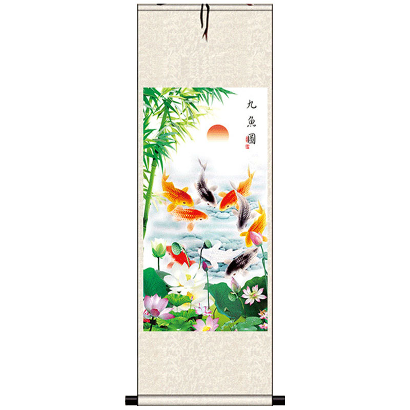 荷花九鱼图风水挂画丝绸画玄关装饰画客厅字画花鸟画茶室装饰招财