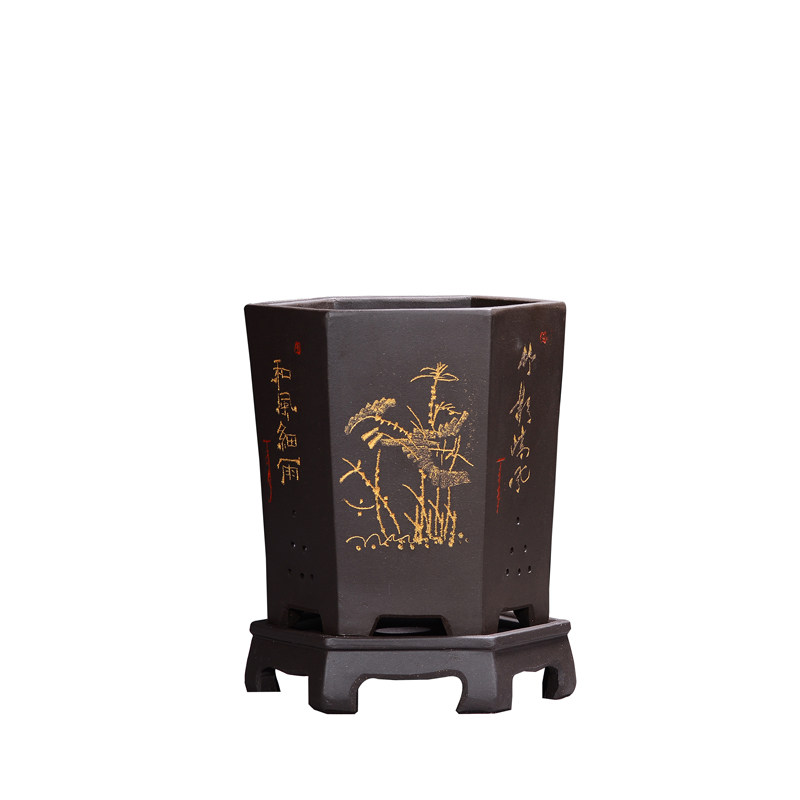 精品紫砂花盆中国风黑色六方兰花盆景盆室内桌面花卉盆栽盆陶瓷盆