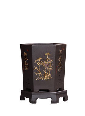 中国风黑色六方盆栽盆紫砂花盆