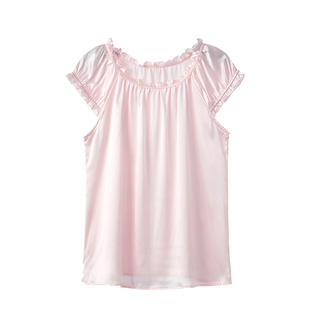 100%桑蚕丝短袖睡衣纯真丝素绉缎半袖家居服上衣单件夏季宽松大码