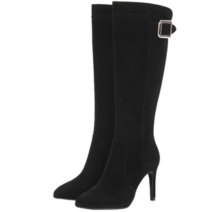 Aee/爱意长靴通勤时尚扣带圆头高筒靴高跟拉链女鞋靴子1617505019