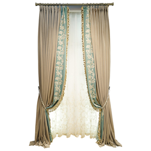 美式窗帘轻奢简约大气高档法式丝绒布纯色遮光拼接浅绿色卧室定制